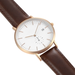 Rosen-Goldkasten-Weiß-Vorwahlknopf-Edelstahl-Mann-Handgelenk-Leder-Uhr